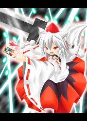 Rule 34 | 1girl, animal ears, baia, detached sleeves, hat, highres, inubashiri momiji, letterboxed, open mouth, red eyes, short hair, solo, spell card, sword, tail, tokin hat, touhou, weapon, white hair, wolf ears, wolf tail
