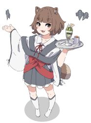 Rule 34 | 1girl, :d, animal ear fluff, animal ears, blunt bangs, blush, brown eyes, brown hair, collared shirt, commentary request, cup, dress shirt, full body, grey skirt, hands up, highres, holding, holding tray, kneebar, kuro kosyou, long sleeves, looking at viewer, mug, neck ribbon, open mouth, original, parfait, pleated skirt, red ribbon, ribbon, shadow, shikigami, shirt, short eyebrows, simple background, skirt, smile, solo, spoon, standing, tail, thick eyebrows, translation request, tray, white background, white footwear, white shirt, wide sleeves