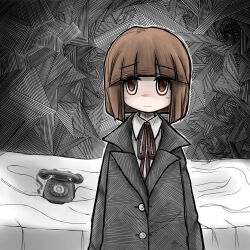 Rule 34 | 1girl, abstract background, antique phone, arms at sides, bed, black coat, blunt bangs, blunt ends, bob cut, brown eyes, closed mouth, coat, collared shirt, commentary request, jade (zbbc), long sleeves, looking at viewer, mission-chan, mission-chan no dai-bouken, neck ribbon, nervous, phone, raised eyebrows, red ribbon, ribbon, rotary phone, shirt, short hair, solo, straight-on, upper body, white shirt