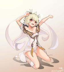 Rule 34 | 1girl, absurdres, bad id, bad pixiv id, character request, collarbone, dduck kong, hair ornament, highres, looking at viewer, open mouth, outstretched arms, red eyes, seven knights, short hair, short sleeves, solo, twitter username, white hair, yeon hee (seven knights)