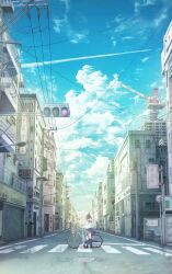 Rule 34 | 1girl, air conditioner, architecture, bicycle, black hair, blue sailor collar, blue skirt, blue sky, building, cable, city, cloud, contrail, crane (machine), crosswalk, day, highres, house, ikegami kouki, manhole cover, original, outdoors, pleated skirt, road, road sign, sailor collar, scenery, school uniform, serafuku, shirt, sign, skirt, sky, solo, standing, street, traffic light, utility pole, white shirt