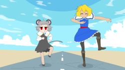 Rule 34 | 2girls, alice margatroid, animal ears, animated, animated gif, black dress, black footwear, black legwear, blue dress, blue sky, blush, bouncing, capelet, closed eyes, closed mouth, cloud, commentary request, cookie (touhou), desert, dress, full body, grey hair, hair between eyes, highres, horizon, jewelry, kofji (cookie), long sleeves, looking at viewer, looping animation, meme, meow25meow, mouse ears, mouse tail, multiple girls, nazrin, open mouth, outdoors, pantyhose, pendant, red sash, road, sash, shirt, short hair, sky, smile, tail, touhou, walking, web (cookie), white capelet, white shirt