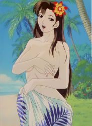 Rule 34 | 1990s (style), 1girl, breasts, brown hair, covering privates, covering breasts, flower, flower on head, great teacher onizuka, large breasts, palm tree, retro artstyle, sarong, screencap, teasing, topless, tree