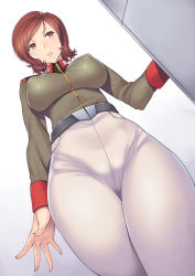 Rule 34 | 1girl, belt, blush, brown eyes, brown hair, covered erect nipples, crotch seam, from below, gradient background, gundam, gundam unicorn, hip focus, impossible clothes, impossible shirt, mihiro oiwakken, military, military uniform, nagase haruhito, pants, parted lips, shirt, short hair, solo, tight clothes, tight pants, uniform