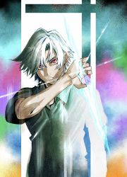 Rule 34 | 1boy, 22461016a, closed mouth, diffraction spikes, eyes visible through hair, glowing, grey hair, hair between eyes, highres, hyouken no majutsushi ga sekai wo suberu, looking at viewer, male focus, official art, pink eyes, ray white, red eyes, solo, textless version, upper body, white hair