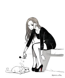 Rule 34 | 1girl, breasts, cat, collarbone, ear piercing, earrings, heart, high heels, highres, jewelry, long hair, monochrome, necklace, original, parted lips, piercing, pigeon-toed, poaro, shoes, simple background, sitting, solo, spot color, twitter username, white background