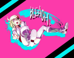 Rule 34 | 1girl, amiya64k7, arrancar, bikini, bikini bottom only, black footwear, bleach, blonde hair, boots, copyright name, detached sleeves, flat chest, from below, helmet, horns, lilynette gingerbuck, open mouth, pink background, pointing, pointing at viewer, purple eyes, shadow, shirt, short hair, single horn, solo, swimsuit, white shirt