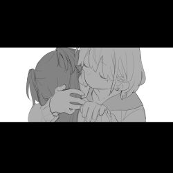 Rule 34 | 2girls, blush, closed eyes, collarbone, d.y.x., ear piercing, facing another, facing away, greyscale, hair behind ear, hand on another&#039;s shoulder, head tilt, heads together, hug, idolmaster, idolmaster shiny colors, kiss, kissing cheek, letterboxed, long hair, long sleeves, mayuzumi fuyuko, medium hair, monochrome, multiple girls, nose blush, piercing, portrait, sailor collar, serizawa asahi, simple background, two side up, yuri