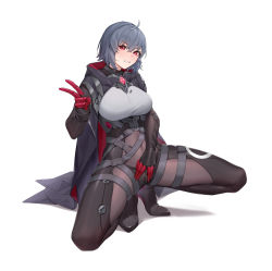 Rule 34 | 1girl, absurdres, ahoge, barcode, belt, black bodysuit, black cape, black footwear, black shorts, black thighhighs, bodysuit, bodysuit under clothes, boots, breasts, cape, clenched teeth, covered navel, crossed bangs, darling0221, embarrassed, eyelashes, full body, grey hair, hair between eyes, hand up, harness, head tilt, highres, honkai (series), honkai impact 3rd, hood, hood down, hooded cape, large breasts, looking at viewer, mole, mole under eye, pussy, raven (honkai impact), red eyes, short hair, shorts, simple background, slit pupils, solo, spread pussy, squatting, teeth, thigh boots, thighhighs, two-sided cape, two-sided fabric, v, white background