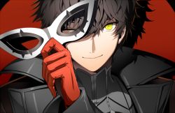 Rule 34 | 10s, 1boy, ;), amamiya ren, bad id, bad pixiv id, black hair, carchet, gloves, holding, holding mask, male focus, mask, one eye closed, persona, persona 5, red gloves, smile, solo, yellow eyes