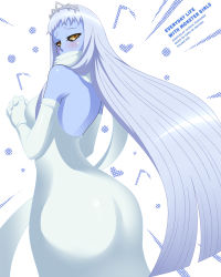 Rule 34 | 1girl, ass, backless dress, backless outfit, black sclera, blue skin, blush, breasts, colored sclera, colored skin, cover, dress, dullahan, elbow gloves, fake cover, from behind, gloves, highres, lala (monster musume), loen, long hair, looking back, medium breasts, monster musume no iru nichijou, solo, tiara, very long hair, wedding dress, white hair, yellow eyes