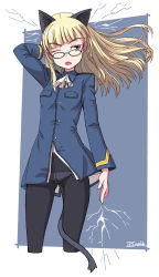 Rule 34 | absurdres, animal ear fluff, animal ears, arm behind back, artist name, ascot, black pantyhose, blonde hair, blue background, blunt bangs, border, breast pocket, cat ears, cat tail, cropped legs, dragoncastle, glasses, gluteal fold, highres, lightning, no pants, one eye closed, outside border, panties, panties under pantyhose, pantyhose, perrine h. clostermann, pocket, solo, strike witches, tail, tail around own leg, underwear, uniform, white border, white panties, world witches series