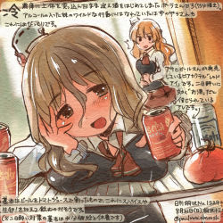 Rule 34 | 10s, 2girls, blouse, breast rest, breasts, brown eyes, can, corset, dated, drunk, grey hair, grill, hat, kantai collection, kirisawa juuzou, large breasts, long hair, mini hat, multiple girls, pola (kancolle), refrigerator interior, shirt, tomato, translation request, wavy hair, white hat, white shirt, zara (kancolle)