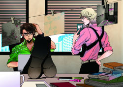 Rule 34 | 10s, 2boys, alternate universe, bad id, bad pixiv id, barnaby brooks jr., bespectacled, blonde hair, brown eyes, brown hair, detective, facial hair, foreshortening, glasses, green eyes, indoors, kaburagi t. kotetsu, male focus, multiple boys, police, shoes, stubble, tiger &amp; bunny, twrico, window blinds