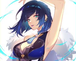 Rule 34 | 1girl, arm up, armpits, black bodysuit, black hair, blue bodysuit, blue hair, blue lips, bob cut, bodysuit, breasts, cleavage, commentary, earrings, english commentary, eyeshadow, feather collar, feather trim, feathers, genshin impact, gradient eyes, gradient hair, green eyes, highres, jacket, jacket on shoulders, jesse (pixiv34586727), jewelry, large breasts, lipstick, looking at viewer, makeup, mole, mole on breast, multicolored eyes, multicolored hair, parted lips, short hair, sleeveless, solo, tassel, tassel choker, water, white background, white feathers, white jacket, yelan (genshin impact), yellow eyes