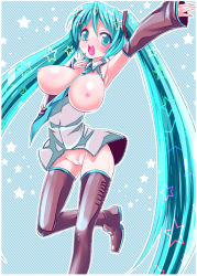 Rule 34 | 1girl, aqua eyes, aqua hair, arm up, armpits, bad id, bad pixiv id, bottomless, breasts, detached sleeves, hatsune miku, large breasts, long hair, necktie, open mouth, ounwm, pussy, solo, star (symbol), thighhighs, twintails, very long hair, vocaloid