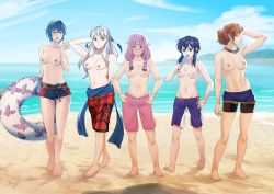 Rule 34 | 5girls, abs, animal print, arm behind back, armpits, atramada, beach, bird print, blue hair, blue male swimwear, blue swim trunks, blush, breasts, commentary, commission, contrapposto, english commentary, fire emblem, food, grey hair, groin, hair between eyes, hand in own hair, hand on own hip, hands on own hips, highres, holding, holding swim ring, innertube, larcei (fire emblem), leonie pinelli, lucina (fire emblem), male swimwear, male swimwear challenge, medium breasts, micaiah (fire emblem), mitama (fire emblem), multiple girls, navel, nintendo, nipples, pink hair, pink male swimwear, pink swim trunks, popsicle, print innertube, print male swimwear, print swim trunks, red male swimwear, red swim trunks, sand, short hair, small breasts, smile, swim ring, swim trunks, swimsuit, topless, water