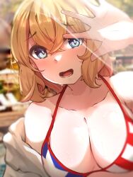 Rule 34 | 1girl, american flag, american flag print, bikini, blonde hair, blue bikini, blue eyes, blurry, blurry background, bob cut, breasts, cleavage, close-up, collarbone, commentary, crossed bangs, depth of field, english commentary, flag print, garoudesu0202, hair between eyes, hair strand, halterneck, hand up, kanojo okarishimasu, large breasts, light blush, light rays, looking at viewer, lower teeth only, mixed-language commentary, multicolored bikini, multicolored clothes, nanami mami, off shoulder, open mouth, photo background, portrait, raised eyebrows, red bikini, shading eyes, shirt, short hair, solo, spread fingers, sunbeam, sunlight, sweat, swimsuit, teeth, wet, white bikini, white shirt