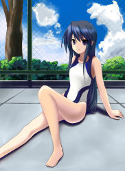 Rule 34 | 1girl, arm support, asakura ryou (artist), barefoot, blue eyes, blue hair, chain-link fence, cloud, competition swimsuit, day, feet, fence, flat chest, hino minato (spec.c), long hair, matching hair/eyes, one-piece swimsuit, original, sitting, solo, swimsuit