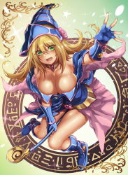 Rule 34 | 1girl, bare shoulders, blonde hair, blush, boots, breasts, choker, cleavage, dark magician girl, duel monster, fingerless gloves, full body, gloves, green eyes, hat, highres, hikari (komitiookami), large breasts, long hair, looking at viewer, md5 mismatch, open mouth, resolution mismatch, smile, solo, source smaller, wizard hat, yu-gi-oh!, yu-gi-oh! duel monsters