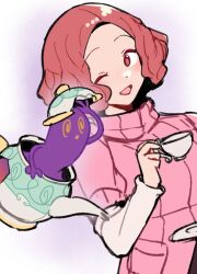 Rule 34 | 1girl, brown eyes, brown hair, creatures (company), crossover, cup, do m kaeru, game freak, gen 8 pokemon, holding, holding cup, matching hair/eyes, nintendo, okumura haru, one eye closed, persona, persona 5, pink hair, pink sweater, plate, pokemon, ribbed sweater, shirt under sweater, short hair, sinistea, solo, sweater, teacup, upper body, white background