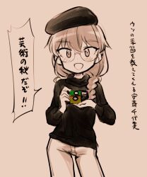 Rule 34 | 1girl, :d, anchovy (girls und panzer), beret, braid, camera, disposable camera, eisu (eith), eyelashes, girls und panzer, glasses, hair between eyes, hat, highres, long hair, monochrome, open mouth, pants, simple background, smile, sweater, translation request, turtleneck, turtleneck sweater, white background
