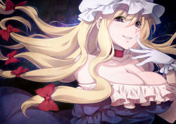 Rule 34 | 1girl, bare shoulders, blonde hair, blue eyes, breasts, choker, cleavage, collarbone, dress, female focus, gloves, grin, hat, large breasts, long hair, red eyes, ribbon, smile, solo, strapless, strapless dress, torazou, touhou, upper body, white gloves, yakumo yukari