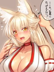 Rule 34 | 1girl, animal ears, bare shoulders, blonde hair, blush, breasts, choker, cleavage, detached sleeves, fang, fox ears, grabbing another&#039;s hair, inari, japanese clothes, large breasts, looking at viewer, miko, mole, mole under mouth, open mouth, original, ribbon-trimmed sleeves, ribbon trim, sketch, solo focus, translation request, yapo (croquis side), yellow eyes