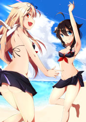 Rule 34 | 10s, 2girls, ahoge, armpits, arms at sides, arms up, ass, bare arms, bare shoulders, beach, bikini, black bikini, black ribbon, blonde hair, blue eyes, blush, bottomless, braid, breasts, brown hair, cleavage, cloud, cloudy sky, collarbone, day, fang, from behind, gradient hair, groin, hair between eyes, hair flaps, hair ribbon, highres, kantai collection, long hair, looking at viewer, multicolored hair, multiple girls, no panties, nyum, ocean, open mouth, outdoors, outstretched hand, red eyes, red hair, ribbon, sarong, scarf, shigure (kancolle), single braid, sky, smile, swimsuit, thighs, white scarf, yuudachi (kancolle)