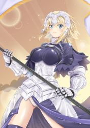 Rule 34 | 1girl, armor, armored dress, banner, blonde hair, blue eyes, braid, capelet, chain, cigar cat, closed mouth, commentary request, fate/apocrypha, fate/grand order, fate (series), faulds, flag, gauntlets, hair between eyes, headpiece, highres, holding, jeanne d&#039;arc (fate), jeanne d&#039;arc (ruler) (fate), long braid, long hair, multicolored background, panties, pantyshot, plackart, single braid, smile, solo, staff, standing, thighhighs, underwear, very long hair
