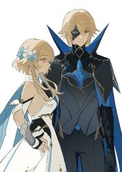 Rule 34 | 1boy, 1girl, arm armor, bare shoulders, black cape, black gloves, black mask, black pants, black shirt, blonde hair, blue cape, blue flower, breasts, brown eyes, cape, closed mouth, dainsleif (genshin impact), detached sleeves, dress, fingerless gloves, flower, genshin impact, gloves, gold trim, green eyes, grey vest, hair between eyes, hair flower, hair ornament, hands on own hips, highres, long sleeves, looking to the side, lumine (genshin impact), mask, medium breasts, multicolored flower, pants, shirt, short hair, short hair with long locks, sialou, sidelocks, simple background, standing, two-sided cape, two-sided fabric, vest, white background, white dress, white flower