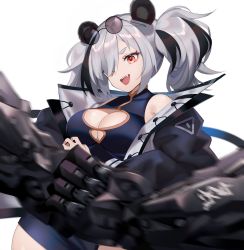 Rule 34 | 1girl, :d, absurdres, animal ears, arknights, black hair, breasts, chinese commentary, cleavage cutout, clothing cutout, commentary, eyewear on head, fang, feater (arknights), gauntlets, grey hair, hair over one eye, highres, jacket, large breasts, looking at viewer, multicolored hair, open clothes, open jacket, open mouth, panda ears, red eyes, simple background, smile, solo, sunglasses, sunglasses on head, twintails, two-tone hair, upper body, white background, yoru (yowuyoru)