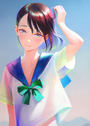 Rule 34 | 1girl, absurdres, arm up, blush, brown hair, closed mouth, collarbone, colorful, green neckwear, hair between eyes, highres, mountain, nababa, original, outdoors, pink eyes, school uniform, smile, solo, uniform, upper body, yellow eyes
