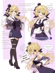 Rule 34 | 1girl, absurdres, bare shoulders, bird, black footwear, black thighhighs, blonde hair, blush, bow, breasts, chuunibyou, collared shirt, crow, dress, eyepatch, fischl (genshin impact), garter straps, genshin impact, gloves, green eyes, hair over one eye, hair ribbon, high heels, highres, ice s s z, long hair, looking at viewer, medium breasts, necktie, open mouth, oz (genshin impact), ribbon, shirt, simple background, smile, solo, thighhighs, white shirt