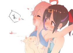 Rule 34 | 2girls, absurdres, ahoge, blush, breasts, check commentary, closed eyes, commentary request, groping, hair ornament, hairclip, highres, incest, lactation, light brown hair, multiple girls, nipple stimulation, nipple tweak, nipples, onii-chan wa oshimai!, open mouth, oyama mahiro, oyama mihari, projectile lactation, siblings, sisters, small breasts, toilet pepe