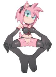 Rule 34 | 1girl, alternate costume, amy rose, animal ears, animal nose, bare shoulders, black choker, black gloves, black hairband, black thighhighs, blush, body fur, bottomless, bow, breasts, bustier, choker, closed mouth, commission, corset, elbow gloves, female focus, frilled gloves, frills, full body, furry, furry female, garter belt, gloves, green eyes, hairband, hands on own knees, happy, head tilt, highres, light blush, lingerie, looking at viewer, medium breasts, navel, pink fur, pink hair, r18 (7mii), red bow, shiny clothes, shiny skin, short hair, sidelocks, sideways mouth, simple background, sitting, smile, solo, sonic (series), spaghetti strap, spread legs, tail, thighhighs, two-tone fur, underwear, underwear only, white background