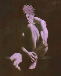 Rule 34 | barefoot, black background, closed mouth, completely nude, dark, foot out of frame, hand on own foot, hands on feet, highres, itadori yuuji, jujutsu kaisen, looking at viewer, male focus, muscular, muscular male, nude, pink hair, qxq illus, shaded face, short hair, sitting, toes, twitter username, undercut, yellow eyes