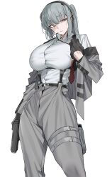 Rule 34 | 1girl, adjusting clothes, adjusting necktie, black gloves, breasts, collared shirt, gloves, grey hair, gun, headset, highres, jacket, jacket partially removed, large breasts, necktie, original, pants, ponytail, shirt, solo, suspenders, taut clothes, taut shirt, urec, weapon, white background, white shirt