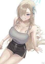 Rule 34 | 1girl, asuna (blue archive), black shorts, blue archive, blue eyes, breasts, cleavage, doda vv, highres, large breasts, light brown hair, long hair, looking at viewer, mole, mole on breast, shorts, sitting, smile, solo