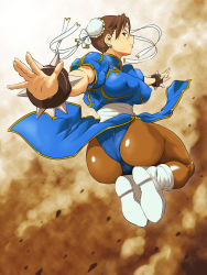 Rule 34 | 1girl, ass, blue dress, blush, boots, bracelet, breasts, brown eyes, brown hair, capcom, china dress, chinese clothes, chun-li, dress, female focus, highres, jewelry, pantyhose, pelvic curtain, serious, shimotsuki juugo, solo, spiked bracelet, spikes, street fighter, thighs