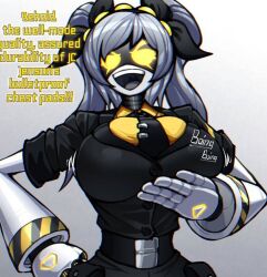 Rule 34 | breasts, grey hair, hand on own chest, hand on own hip, j (murder drones), large breasts, mechanical arms, murder drones, robot girl, tagme, twintails, yellow eyes, zzzhodazzz