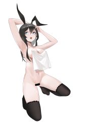 Rule 34 | 1girl, absurdres, alternate hairstyle, amiya (arknights), animal ears, arknights, armpits, arms up, bar censor, black hair, black thighhighs, blue eyes, blush, breasts, censored, cleavage, collarbone, covering privates, full body, hair down, hands in hair, highres, long hair, looking up, low c, medium breasts, navel, no shoes, nude, nude cover, on one knee, open mouth, rabbit ears, simple background, solo, stomach, sweat, thighhighs, towel, white background