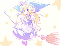 Rule 34 | 1girl, black footwear, black hat, black skirt, black vest, blonde hair, blush, bow, broom, broom riding, buttons, dress, female focus, hair bow, hair ribbon, hat, hat bow, index finger raised, kirisame marisa, long hair, looking at viewer, mary janes, open mouth, ribbon, shirt, shoes, short sleeves, sidesaddle, skirt, smile, solo, star (symbol), starry background, togami masaki, touhou, tress ribbon, vest, white background, white shirt, witch, witch hat