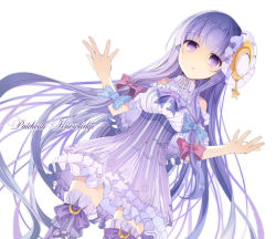 Rule 34 | 1girl, alternate costume, bare shoulders, boots, bow, character name, cowboy shot, crescent, dress, dutch angle, frills, fruit punch, hair bow, hair ornament, layered dress, long hair, looking at viewer, no headwear, no headwear, off shoulder, open mouth, patchouli knowledge, purple eyes, purple hair, short sleeves, simple background, solo, star (symbol), touhou, very long hair, white background