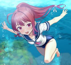 1girl barefoot blue_one-piece_swimsuit blue_sailor_collar dorachan_r foreshortening freediving i-168_(kancolle) kantai_collection long_hair looking_at_viewer neckerchief no_pants one-piece_swimsuit pink_neckerchief ponytail red_eyes red_hair sailor_collar sailor_shirt school_swimsuit school_uniform serafuku shirt solo swimming swimsuit swimsuit_under_clothes underwater