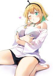 Rule 34 | 1girl, :3, absurdres, alternate breast size, amano pikamee, arms under breasts, barefoot, black hairband, black shorts, blonde hair, blush, bra, breast hold, breasts, colored inner hair, commentary, crossed arms, feet, foot out of frame, green bra, green eyes, green hair, green nails, hairband, heart, highres, large breasts, motion lines, multicolored hair, off-shoulder shirt, off shoulder, one eye closed, see-through, see-through shirt, shirt, short hair, shorts, sidelocks, simple background, sitting, soles, solo, spoken heart, thighs, toes, two-tone hair, umakuchi shouyu, underwear, virtual youtuber, voms, wariza, white background, white shirt, wide sleeves