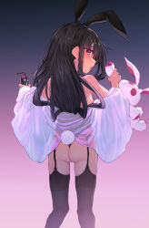 Rule 34 | 1girl, animal ears, ass, bare shoulders, black hair, black thighhighs, blush, can, commentary request, fake animal ears, fake tail, feet out of frame, from behind, garter belt, garter straps, gradient background, highres, holding, holding can, holding stuffed toy, jacket, leotard, long hair, looking at viewer, looking back, off shoulder, open clothes, open jacket, open mouth, original, playboy bunny, rabbit ears, rabbit tail, red eyes, solo, stuffed animal, stuffed rabbit, stuffed toy, suga hideo, tail, thighhighs, white jacket
