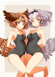 Rule 34 | 10s, 2girls, arm behind back, arms behind back, bad id, bad pixiv id, bare shoulders, barefoot, black one-piece swimsuit, black school swimsuit, bow, breasts, brown eyes, brown hair, competition school swimsuit, copyright name, eurasian eagle owl (kemono friends), hair bow, head wings, highres, kemono friends, leg up, looking at viewer, medium breasts, multiple girls, northern white-faced owl (kemono friends), one-piece swimsuit, pink bow, school swimsuit, short hair, standing, swimsuit, white hair, wings, yellow bow, yuyaiyaui