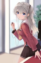 Rule 34 | 1girl, arm at side, blue eyes, blurry, blurry background, blush, bow, breasts, brown skirt, charlotte (anime), commentary, cowboy shot, earphones, from side, grey hair, hair between eyes, hand up, highres, holding, holding earphones, hoshinoumi academy school uniform, indoors, long hair, long sleeves, looking at viewer, medium breasts, miniskirt, parted lips, pleated skirt, red shirt, sailor collar, school uniform, serafuku, shirt, sidelocks, single earphone removed, skirt, solo, tomori nao, two side up, white sailor collar, yanagi marie, yellow bow