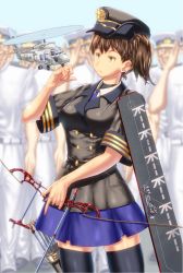 Rule 34 | 10s, 1girl, aircraft, black thighhighs, bow (weapon), brown eyes, brown hair, grin, hat, helicopter, japan maritime self-defense force, japan self-defense force, kaga (jmsdf), kaga (kancolle), kantai collection, military, military uniform, quiver, salute, shirogami seisho, shirogamiseisyo, smile, solo focus, thighhighs, uniform, weapon, zettai ryouiki